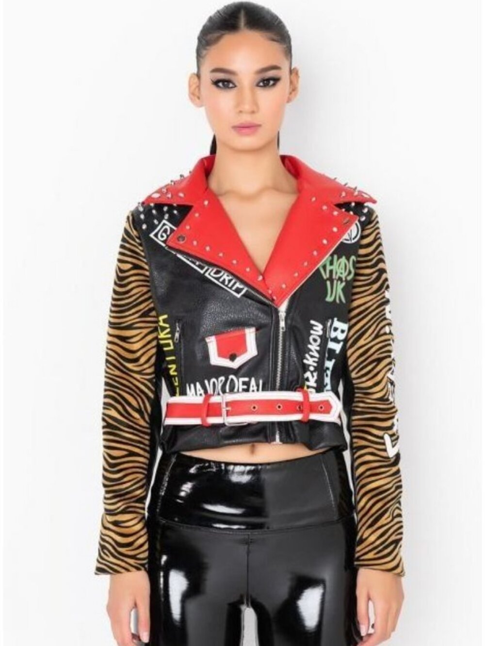 AZALEA WANG Minor Threat Graffiti Punk Faux Leather Moto Jacket M